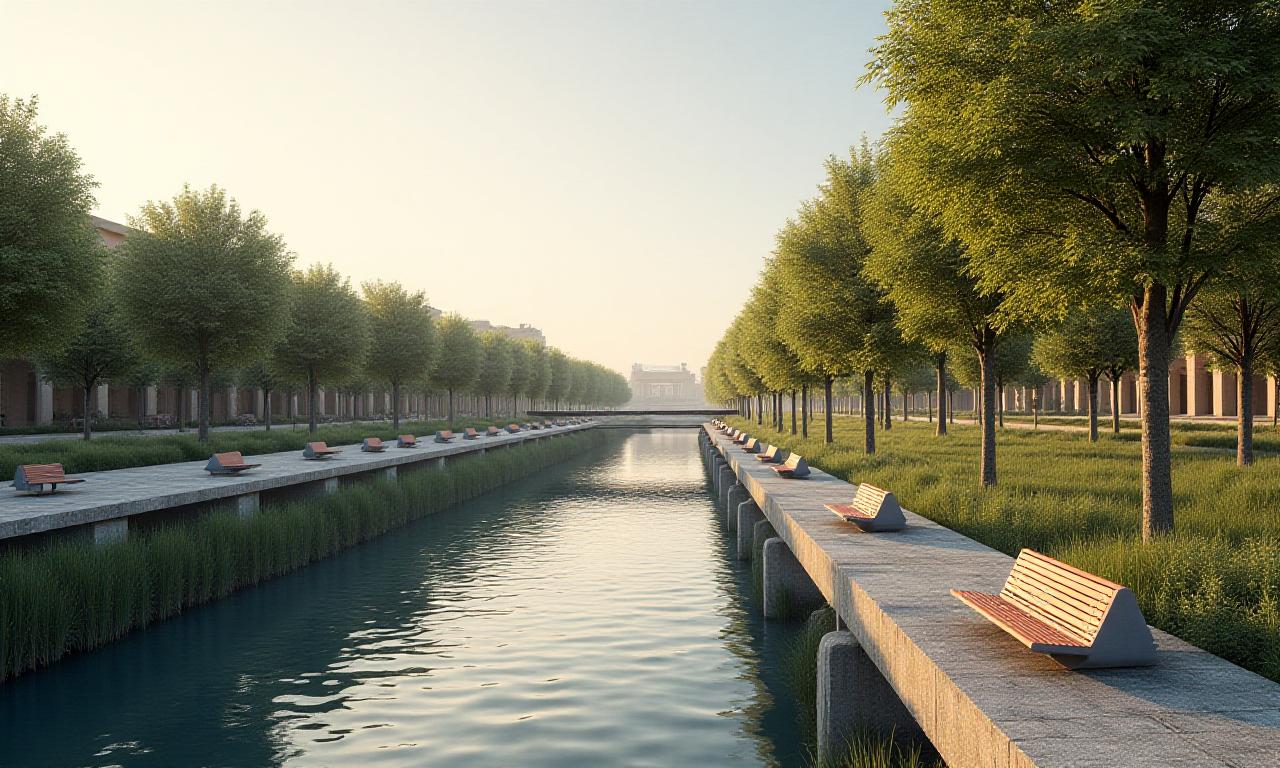 Vista architettonica di un progetto di riqualificazione urbana a Roma con ampie zone verdi e infrastrutture moderne.
